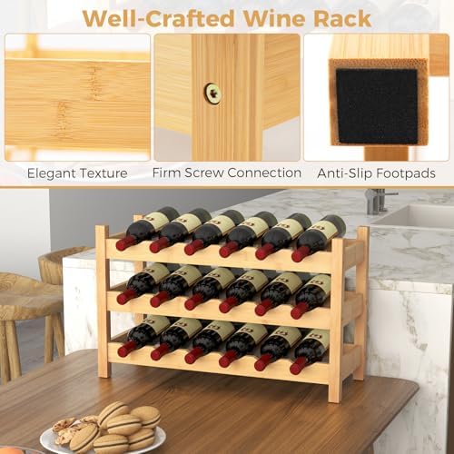 COSTWAY 3-Tier Bamboo Wine Rack 18-Bottle Organizer