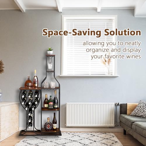 MATONELL 11-Bottle Freestanding Wine Rack with 5 Tier and Glass Holder