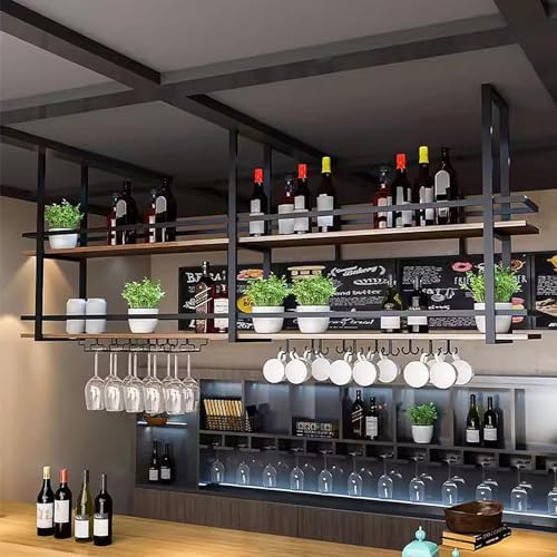 Hanging Wine Rack 2 Layer Metal Ceiling Glass Holder with Shelf and Display