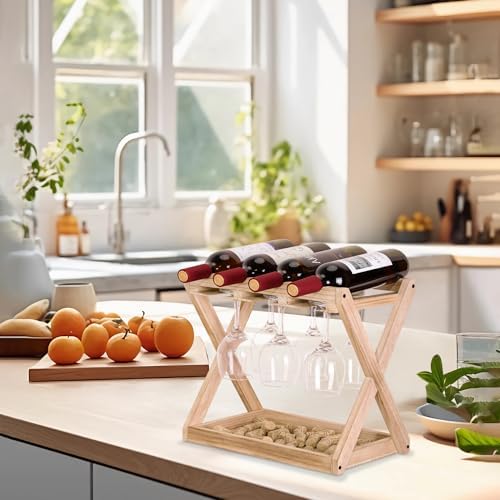 WDSHIYI Wine Rack 4 Bottles 6 Stemware Holder