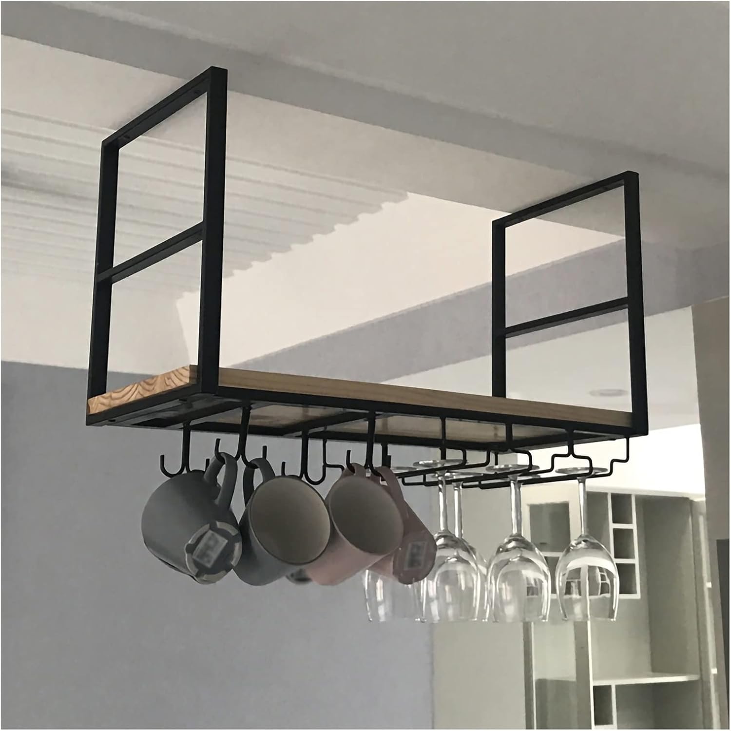 Ceiling Wine Rack - 2 Layer Metal and Wood Storage Shelf