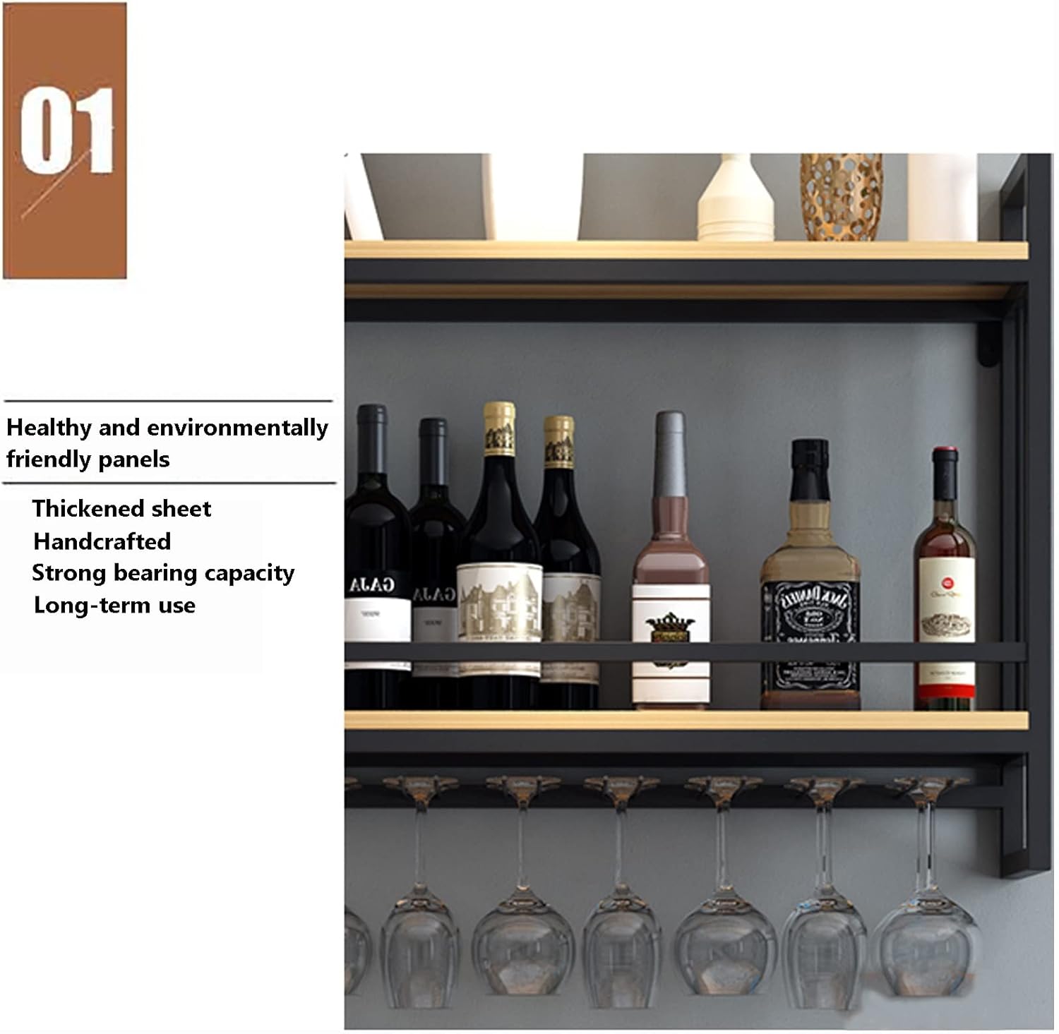 Wine Rack Wall Mount with Glass Holder Rustic Design
