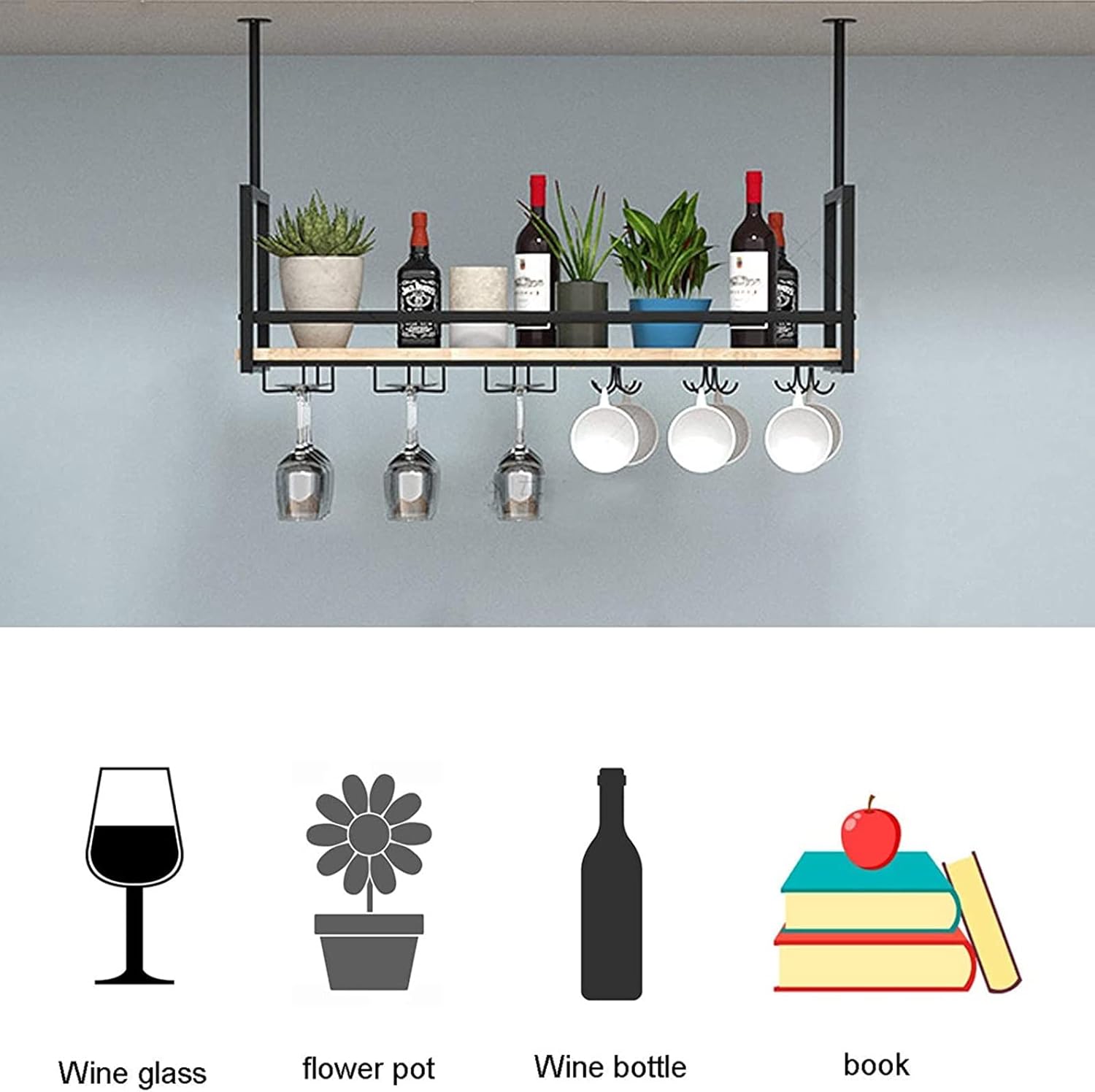 Ceiling Wine Rack with Glass Holder and Flower Stand
