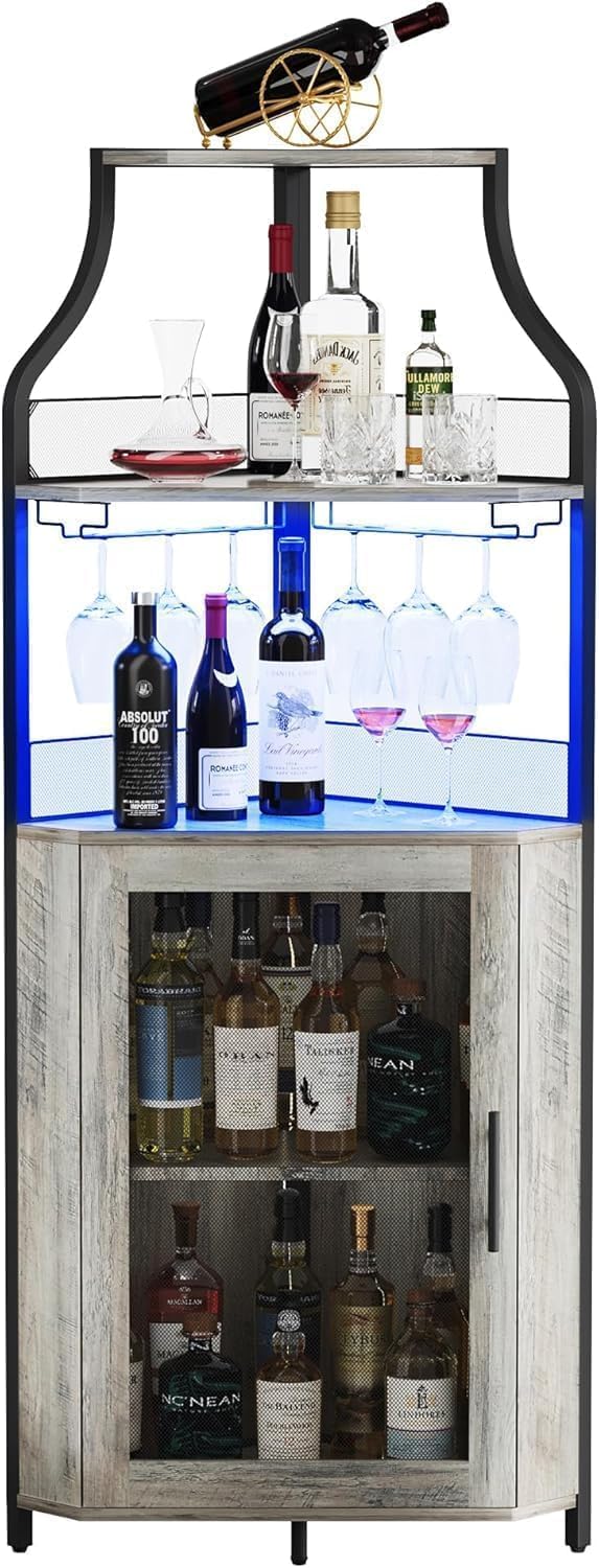 5-Tier Industrial Wine Cabinet with LED Light and Glass Holder