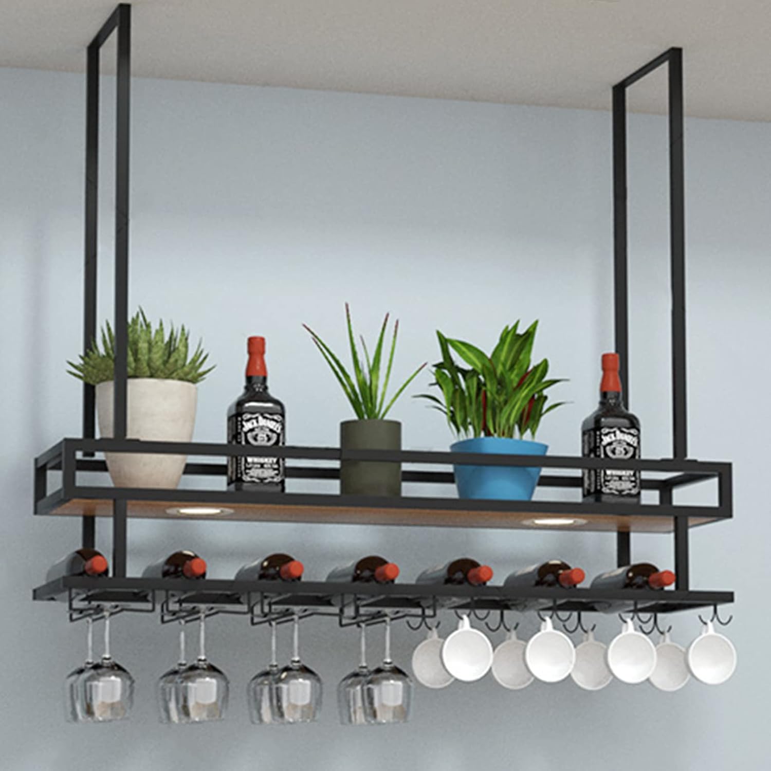 Ceiling Wine Glass Rack with LED Lights and Hooks