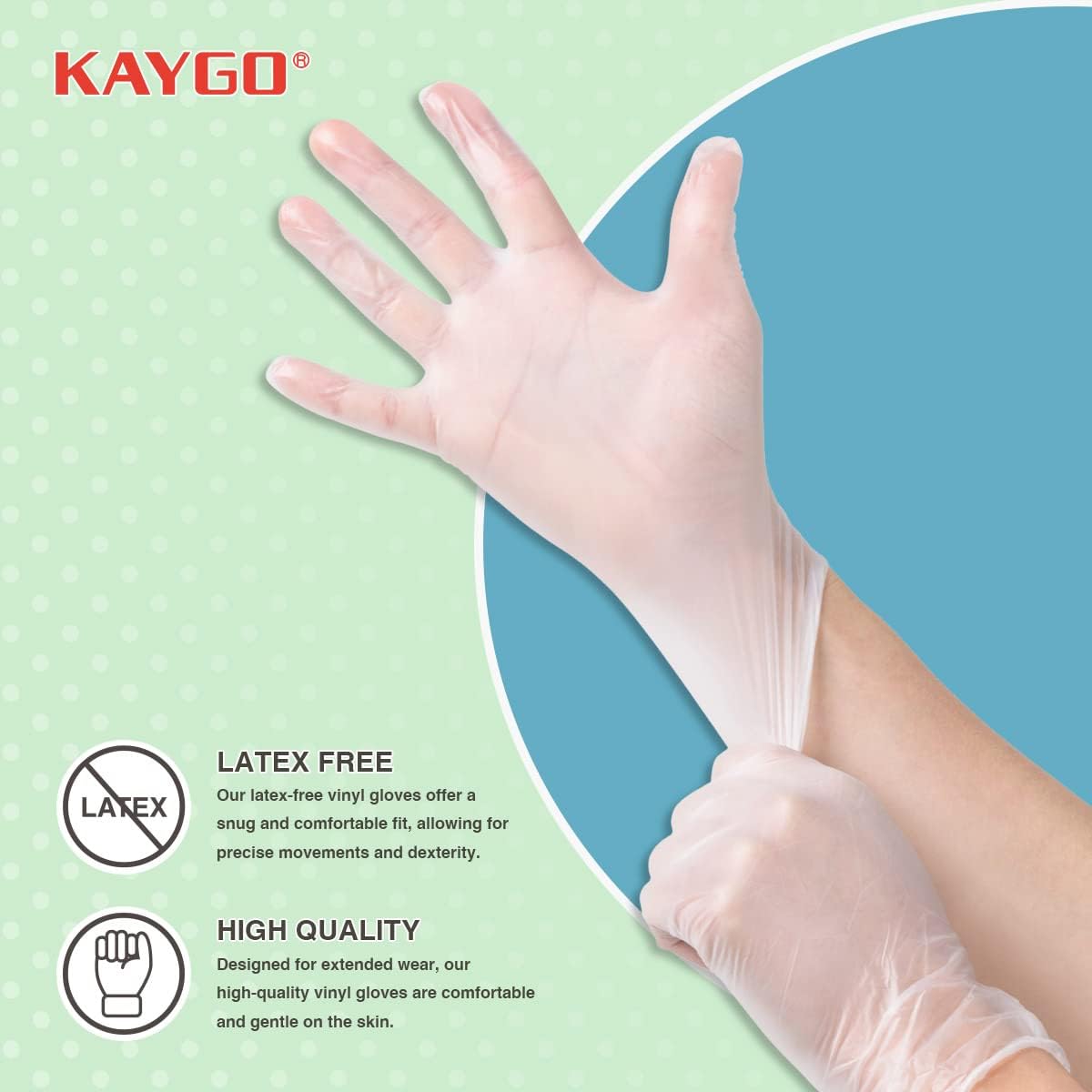 KAYGO Disposable Vinyl Gloves 3 Mil Clear Powder Free Latex Free