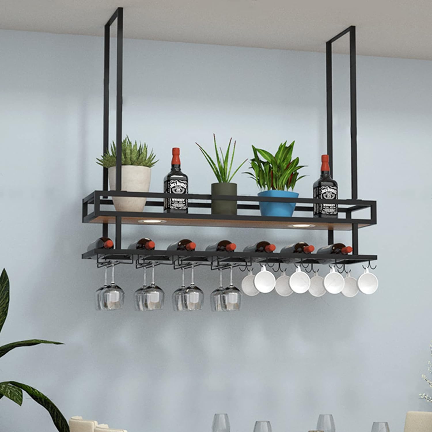Ceiling Wine Glass Rack with LED Lights and Hooks
