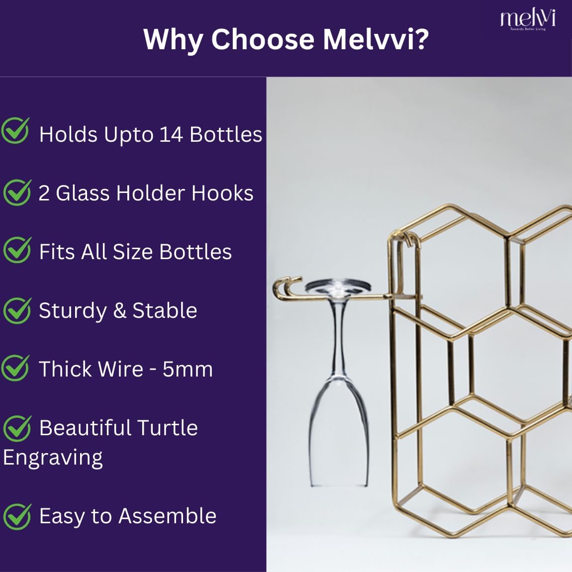 Melvvi 3-Tier Wine Rack Black Metal 15 Holds 14 Bottles 2 Glasses