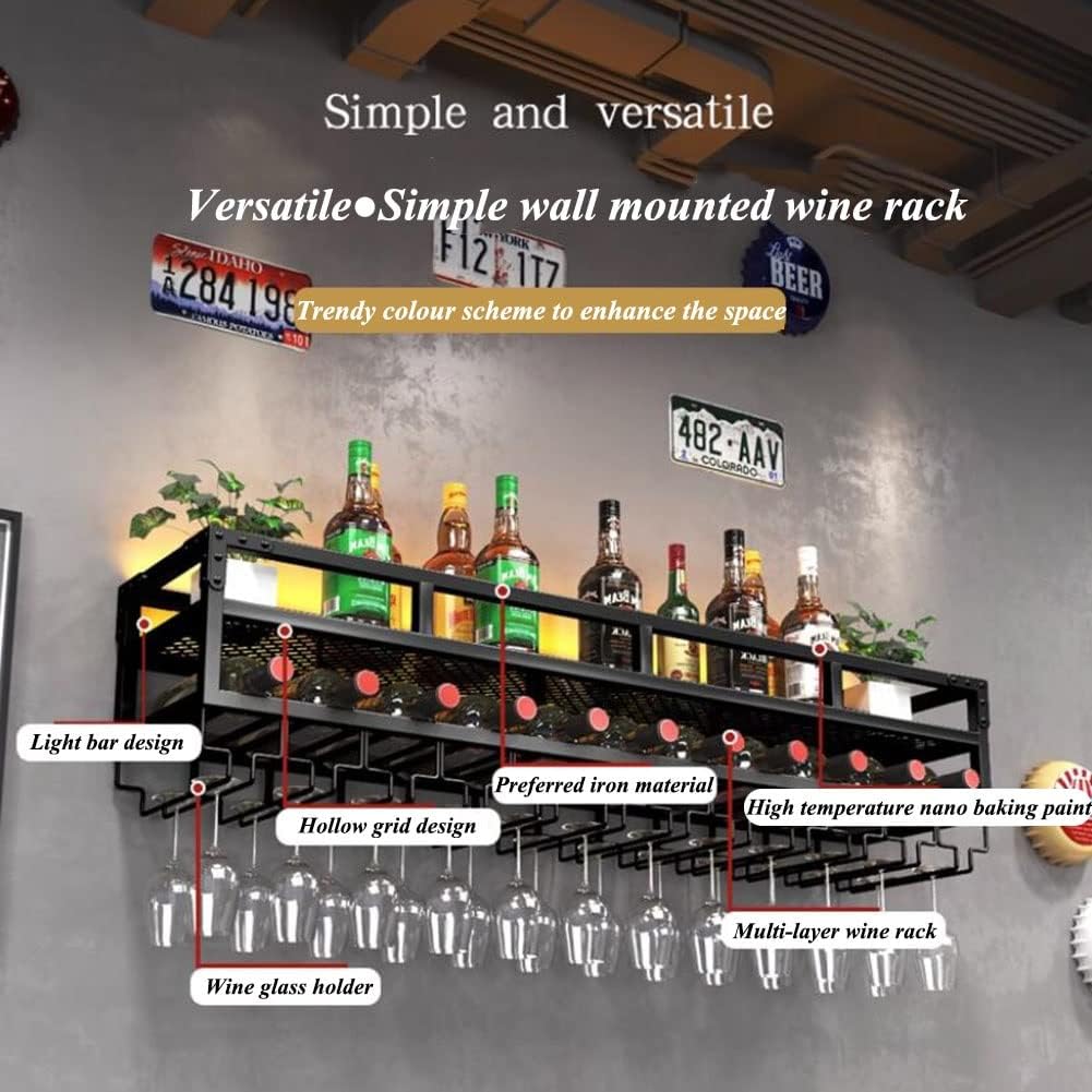 ZJDYDY Bar Unit Floating Shelves with LED Light and Anti-Fall Guardrail Black