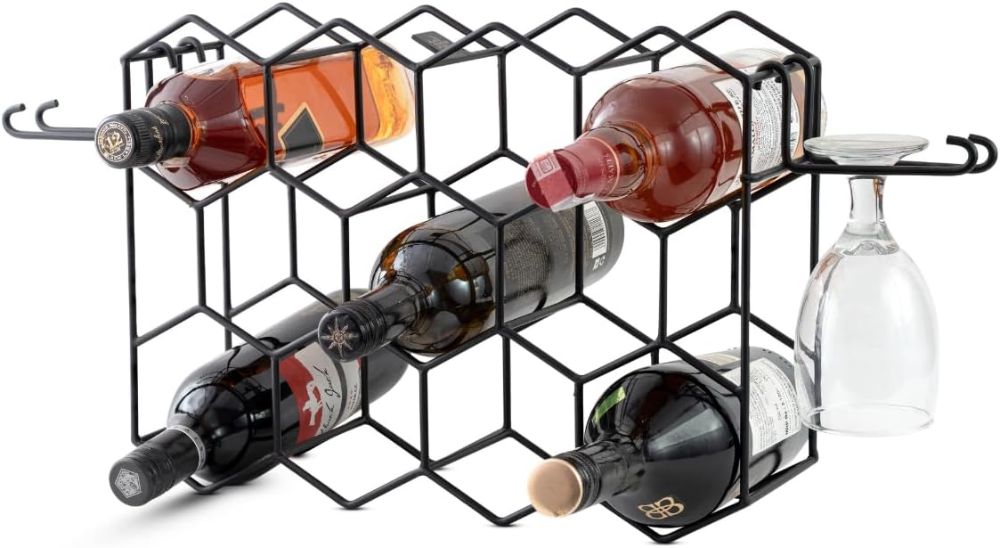 Melvvi 3-Tier Wine Rack Black Metal 15 Holds 14 Bottles 2 Glasses
