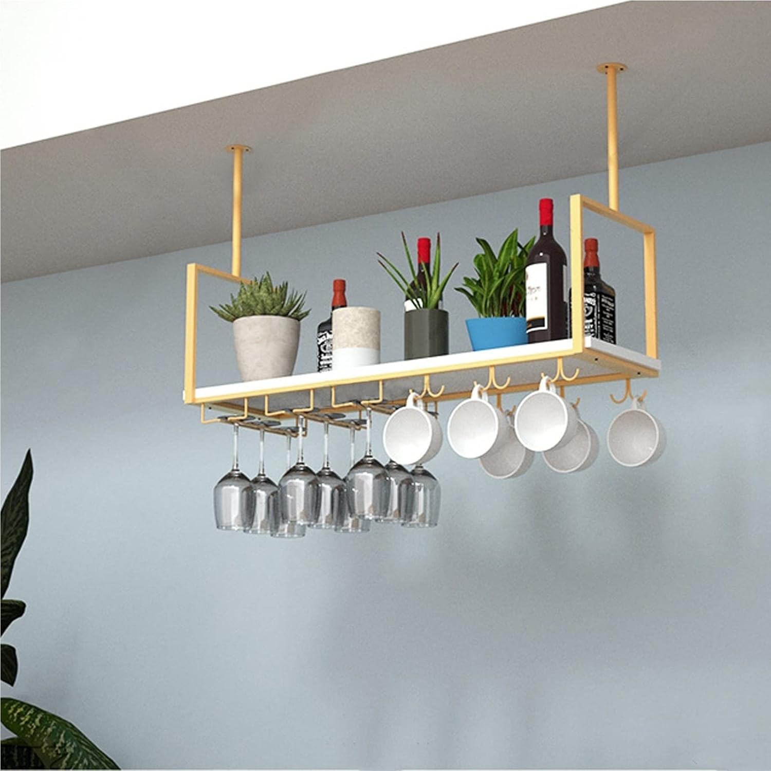 Ceiling Hanging Bar Unit Floating Wine Rack with Gold Flower Stand