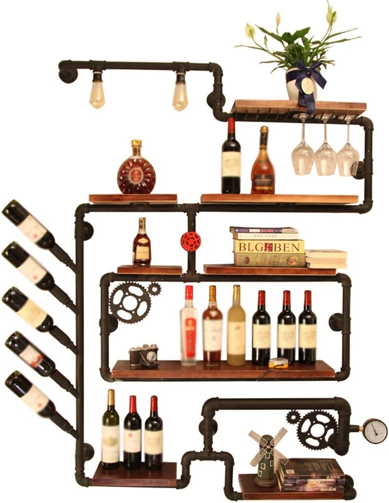 Industrial Wind Pipeline Wine Rack with Solid Wood Base