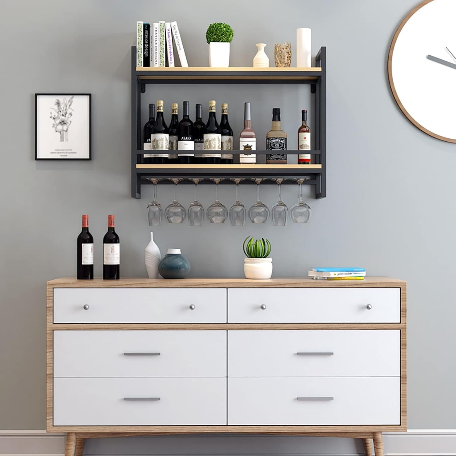 Wine Rack Wall Mount with Glass Holder Rustic Design