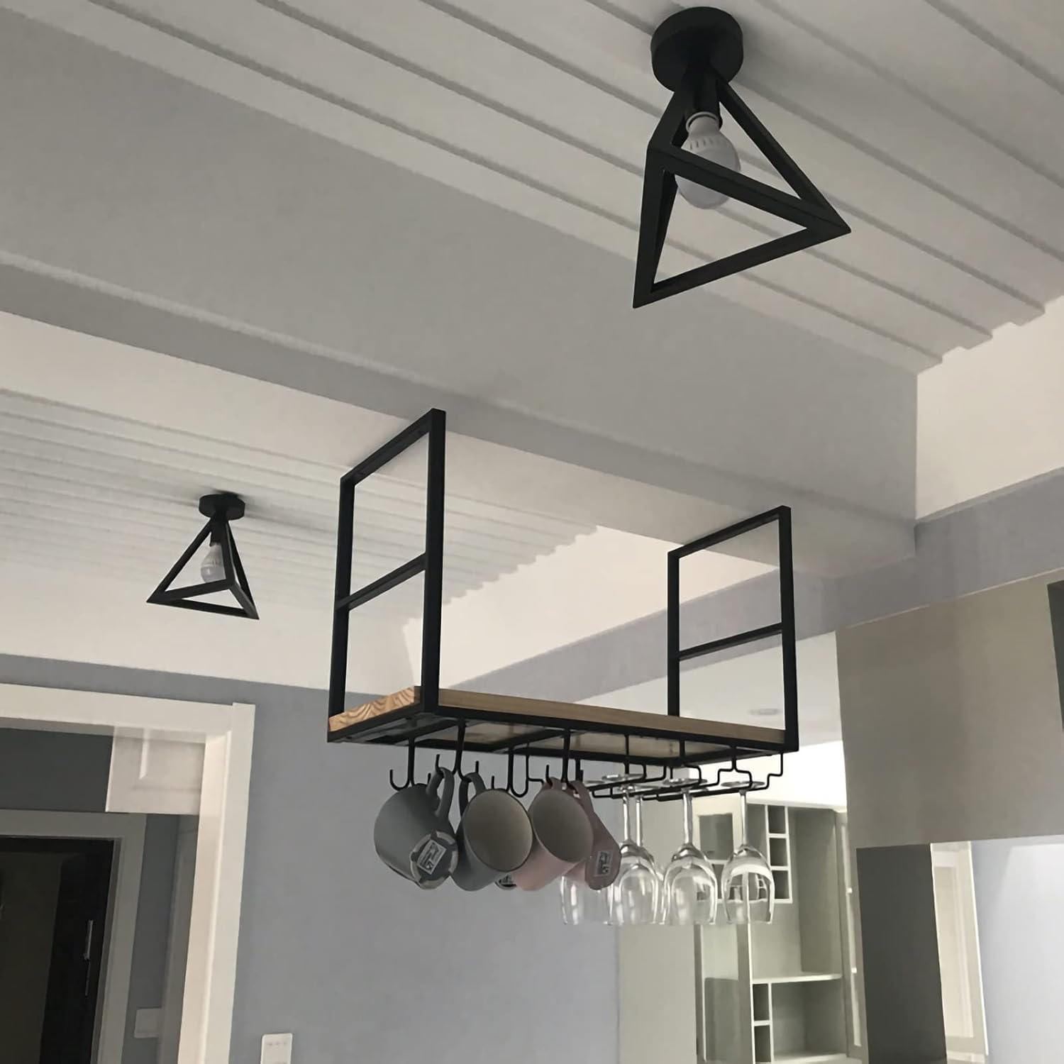 Ceiling Wine Rack - 2 Layer Metal and Wood Storage Shelf