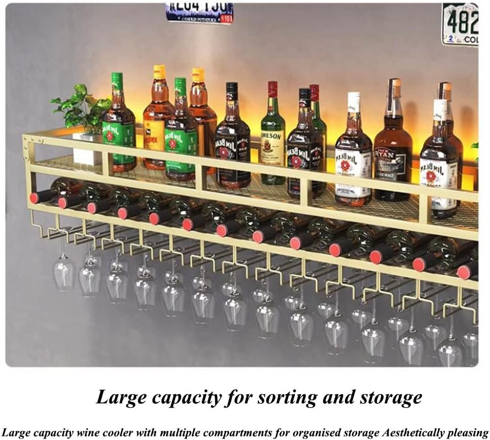 ZJDYDY Bar Unit Floating Shelves with LED Light and Anti-Fall Guardrail Black