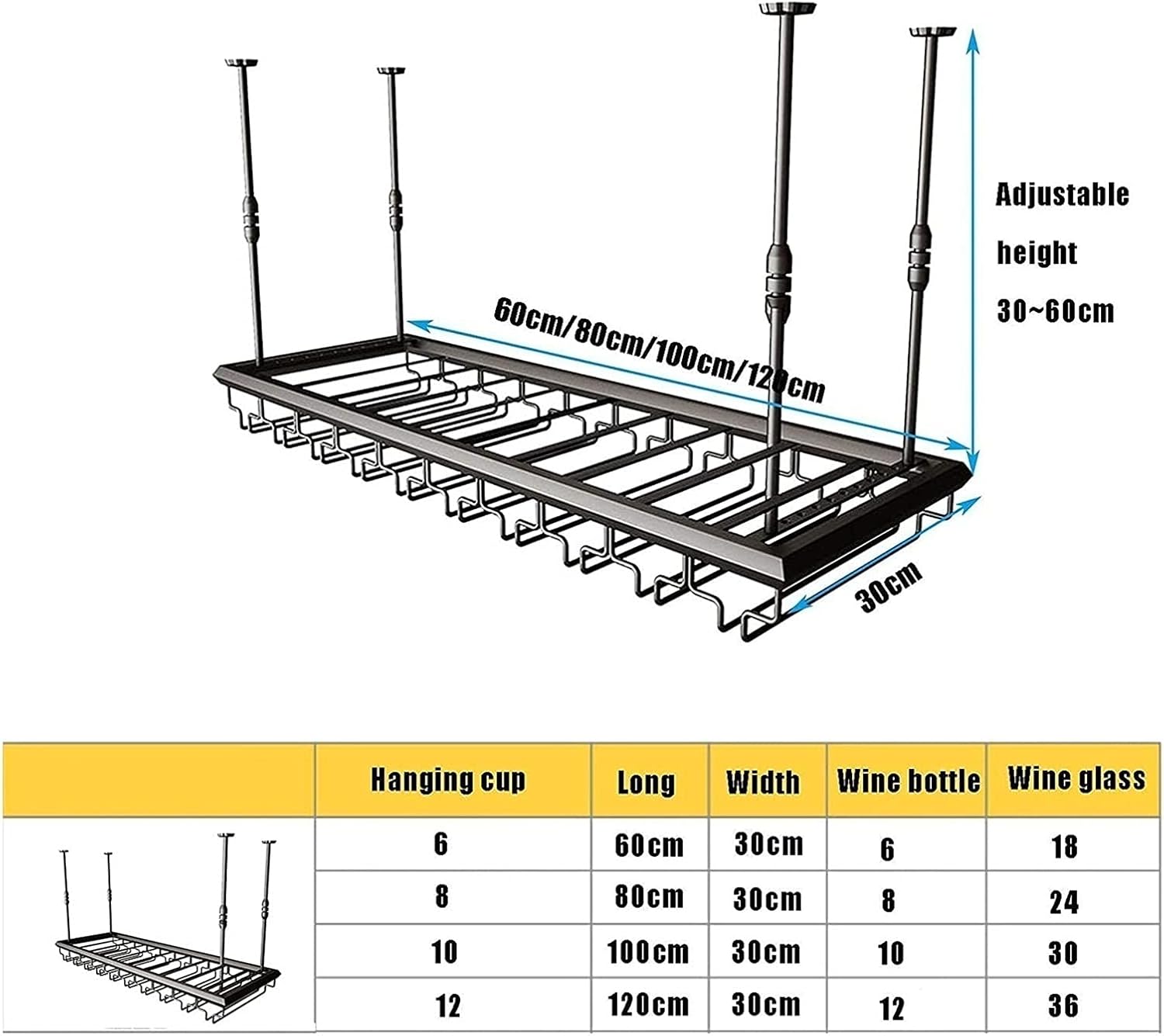 Adjustable Ceiling Wine Rack 100cm Metal Holder for Kitchen Bar
