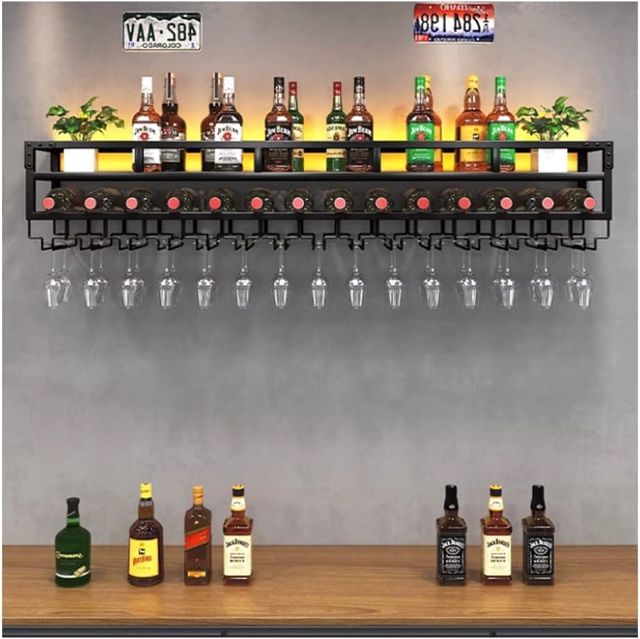ZJDYDY Bar Unit Floating Shelves with LED Light and Anti-Fall Guardrail Black