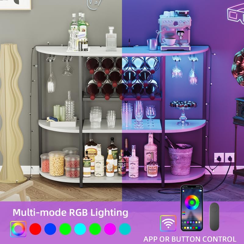 JUMMICO Wine Bar Cabinet with LED Light and Charging Station White