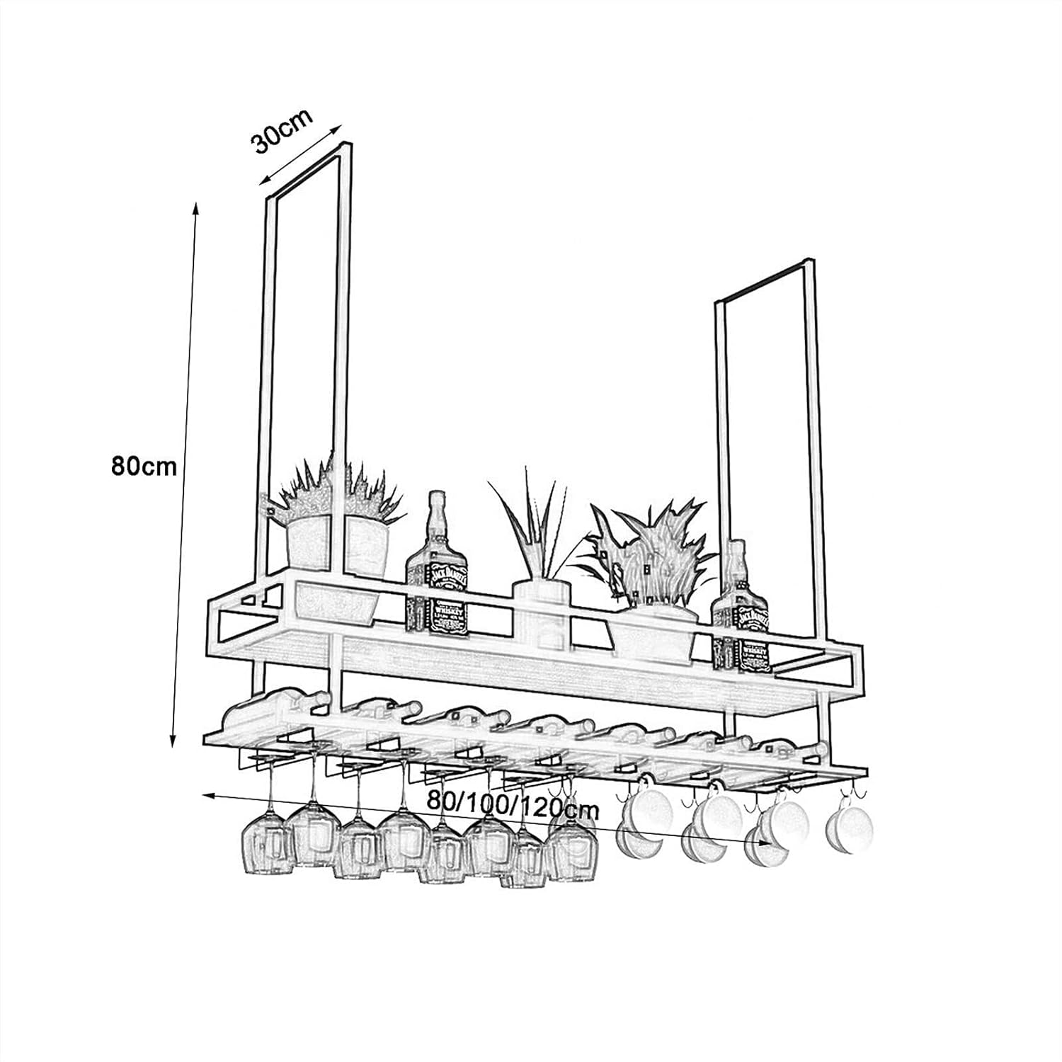 Ceiling Wine Rack with Glass Holder and Flower Stand