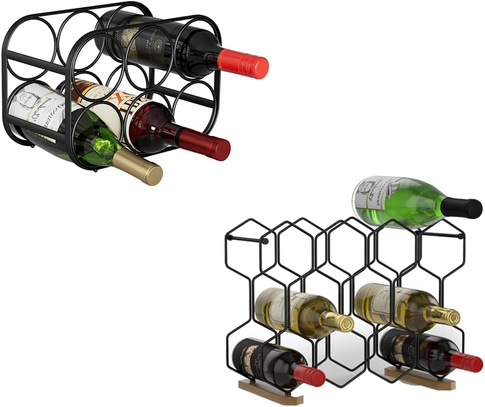 Buruis 6-Bottle Wine Rack Black 14-Bottle Wooden Base Black