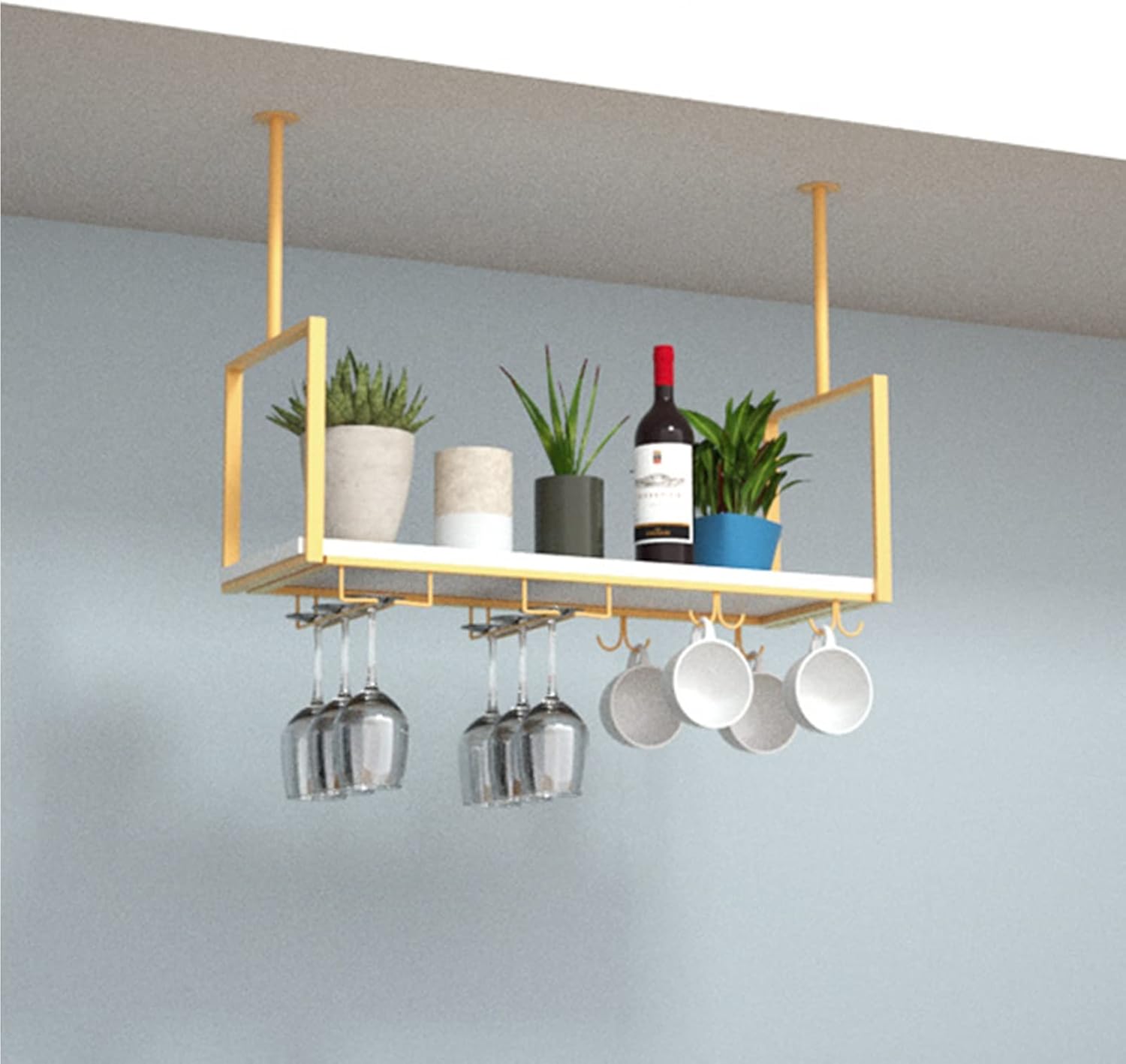 Ceiling Hanging Bar Unit Floating Wine Rack with Gold Flower Stand