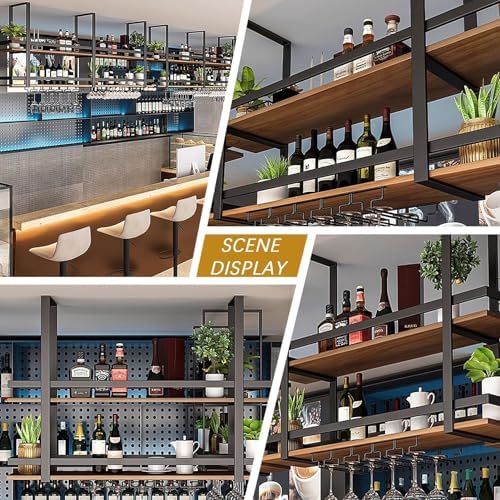 Hanging Wine Rack 2 Layer Metal Ceiling Glass Holder with Shelf and Display