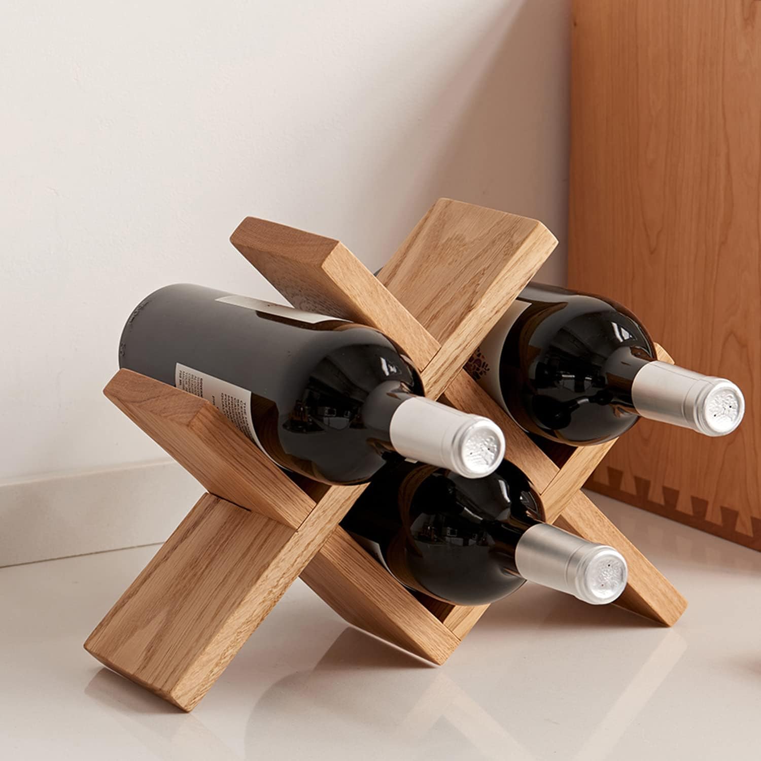 TREOAKWIS Solid Oak Wine Rack 4-Bottle Holder