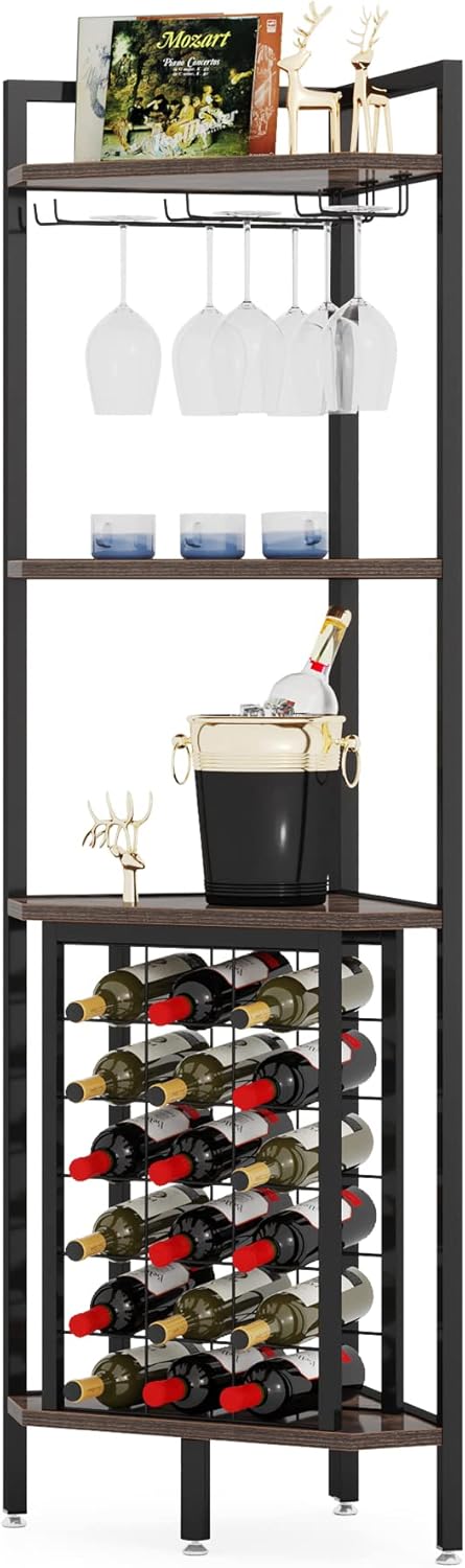 LITTLE TREE Corner Wine Rack with Glass Holder Brown