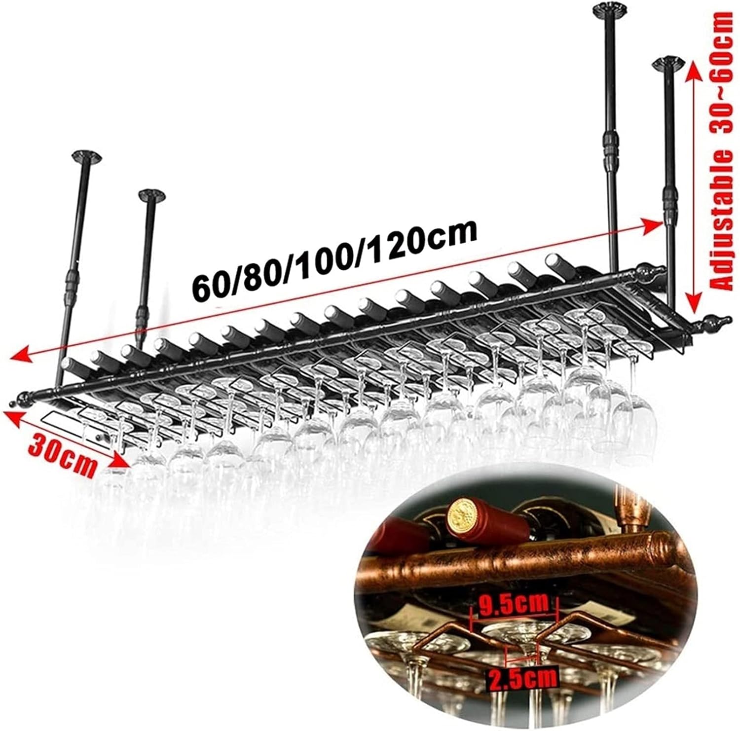 FKRACK Hanging Wine Glass Holder for Ceiling Black