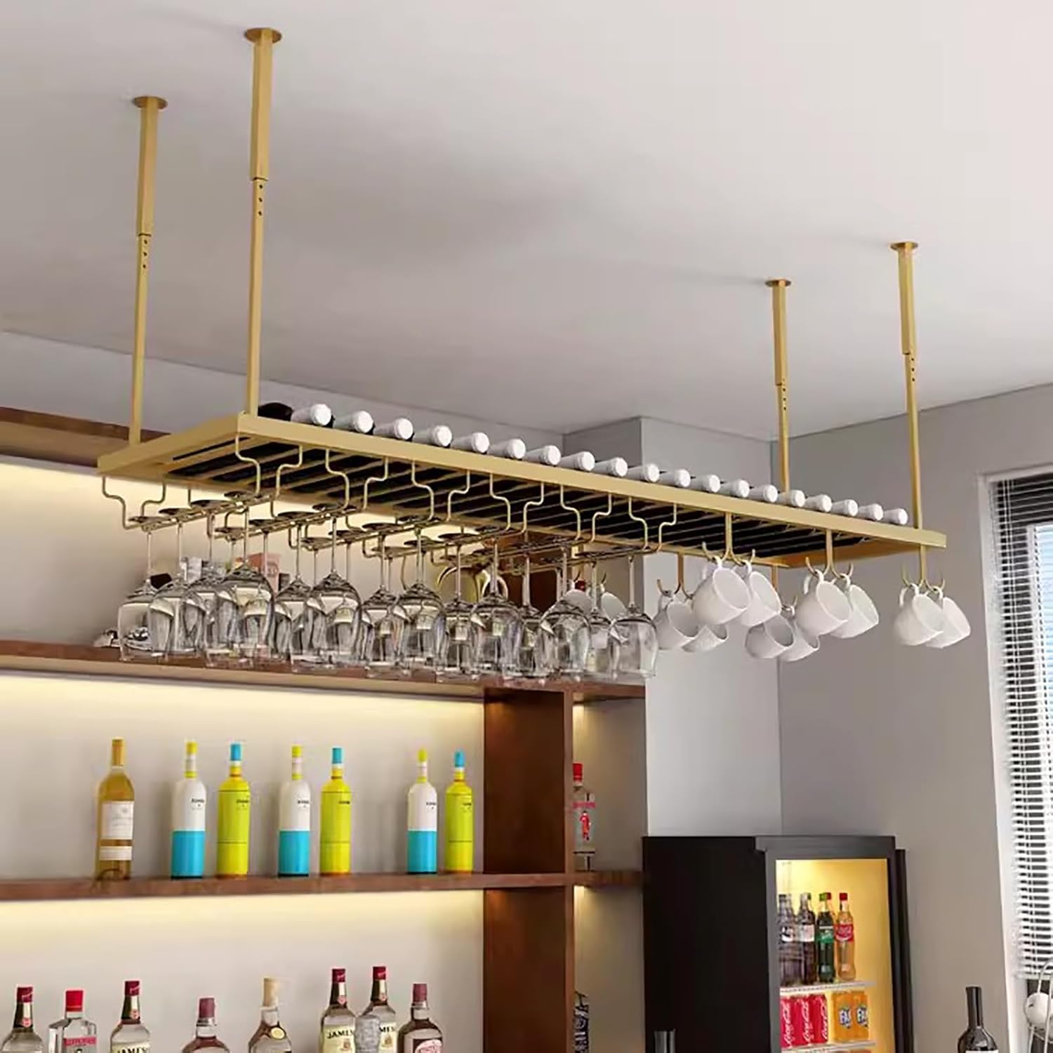 Ceiling Wine Glass Rack - Height Adjustable Space-Saving Metal Holder