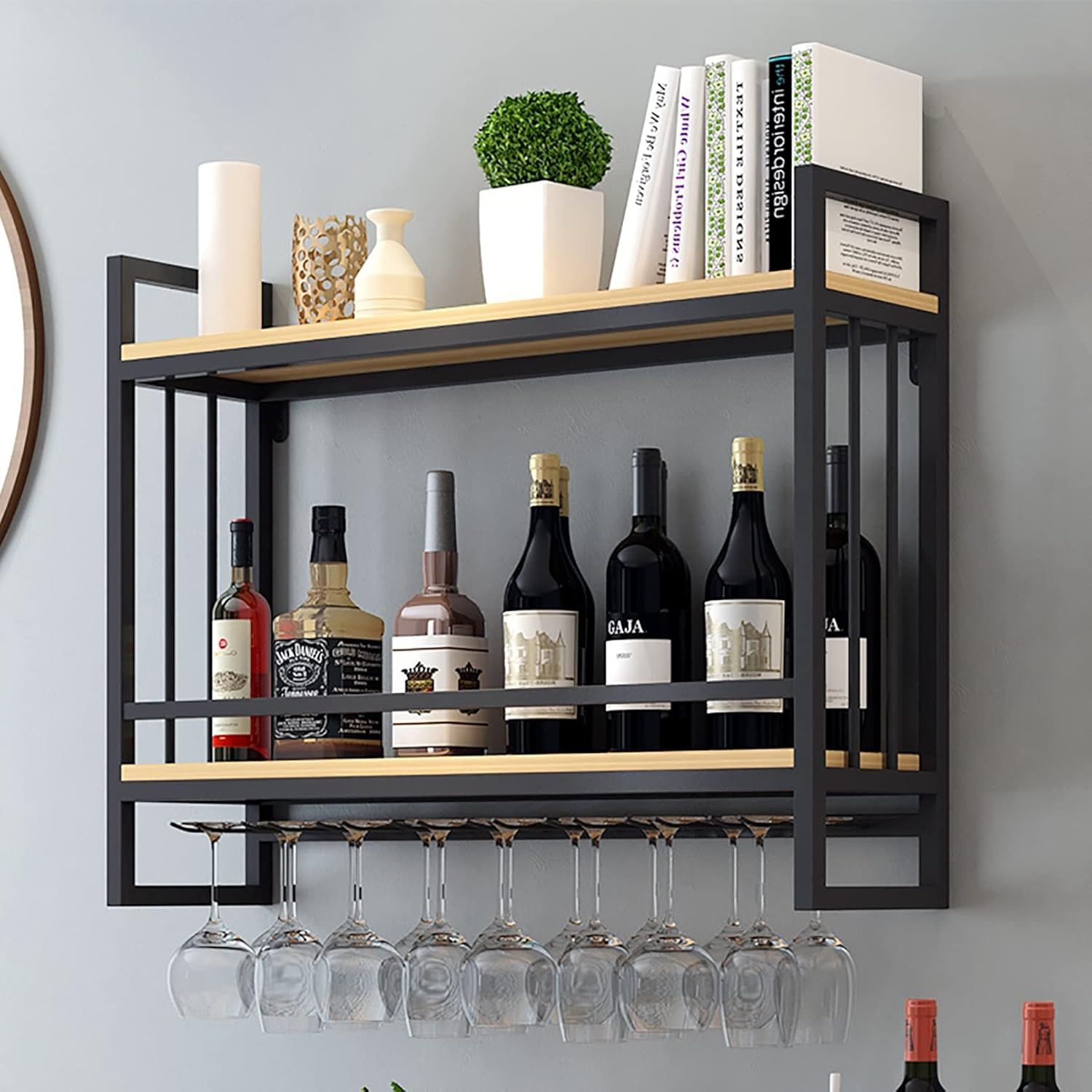 Wine Rack Wall Mount with Glass Holder Rustic Design