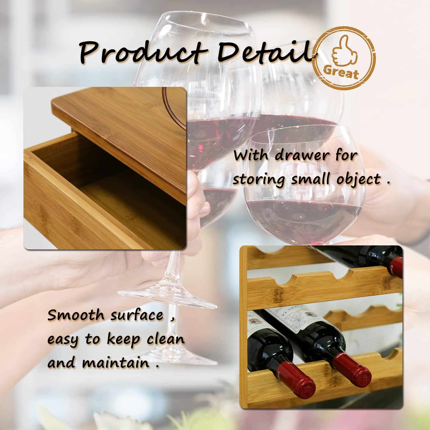 Kinfant Freestanding Bamboo Wine Rack with Drawer