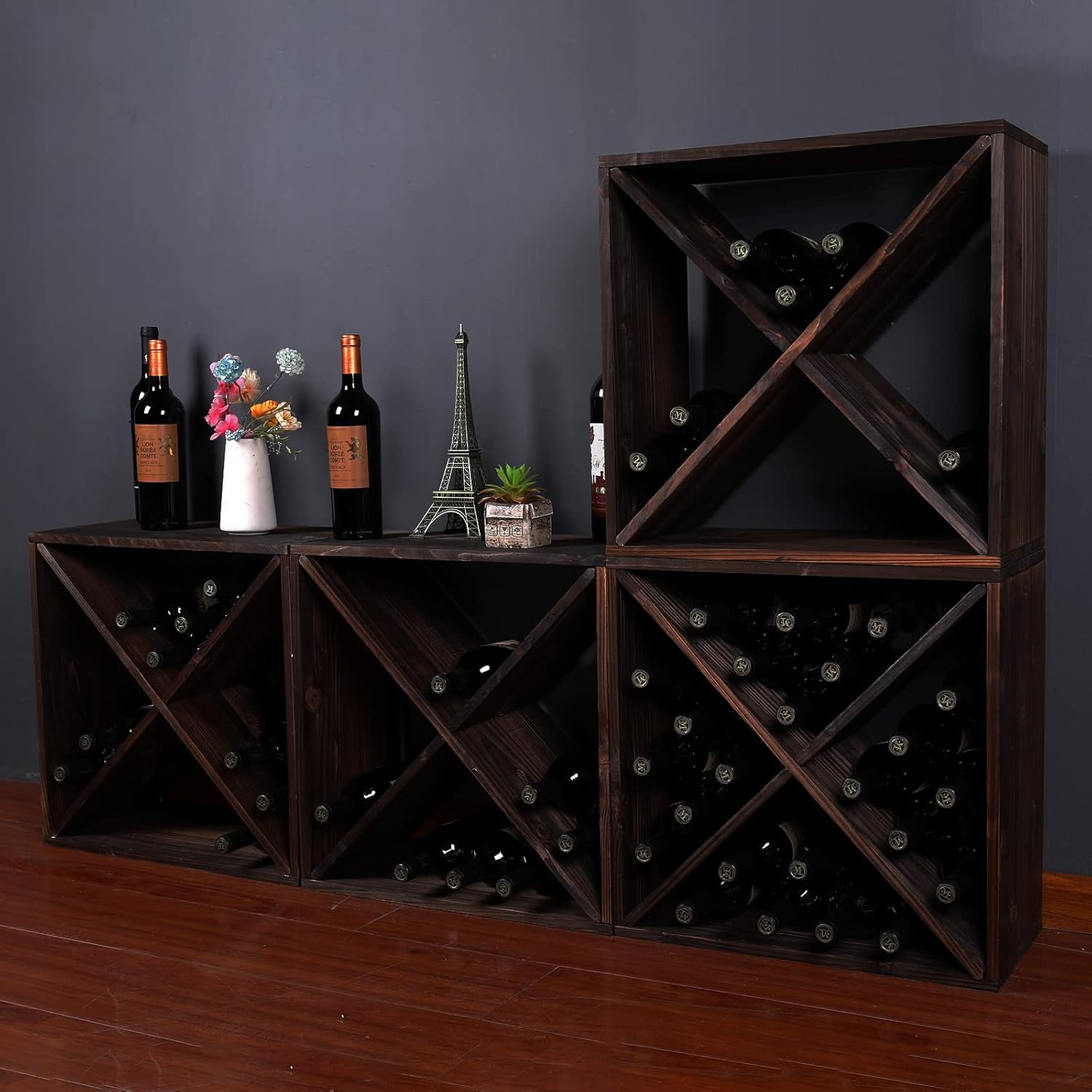 Dark Brown Rustic Wooden 24-Bottle Wine Rack