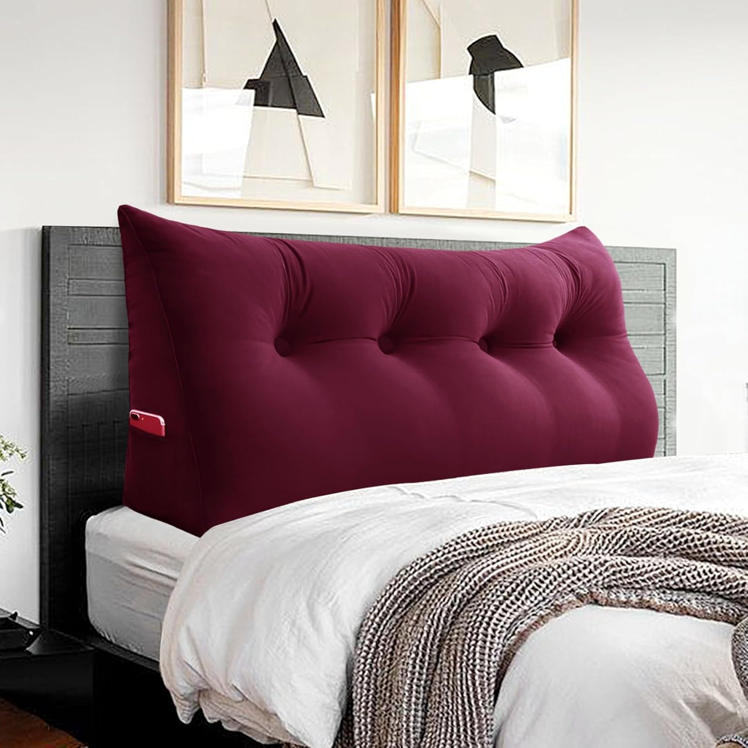 Triangle Headboard Pillow - 3 in 1 Velvet Wine Red Bed Pillow