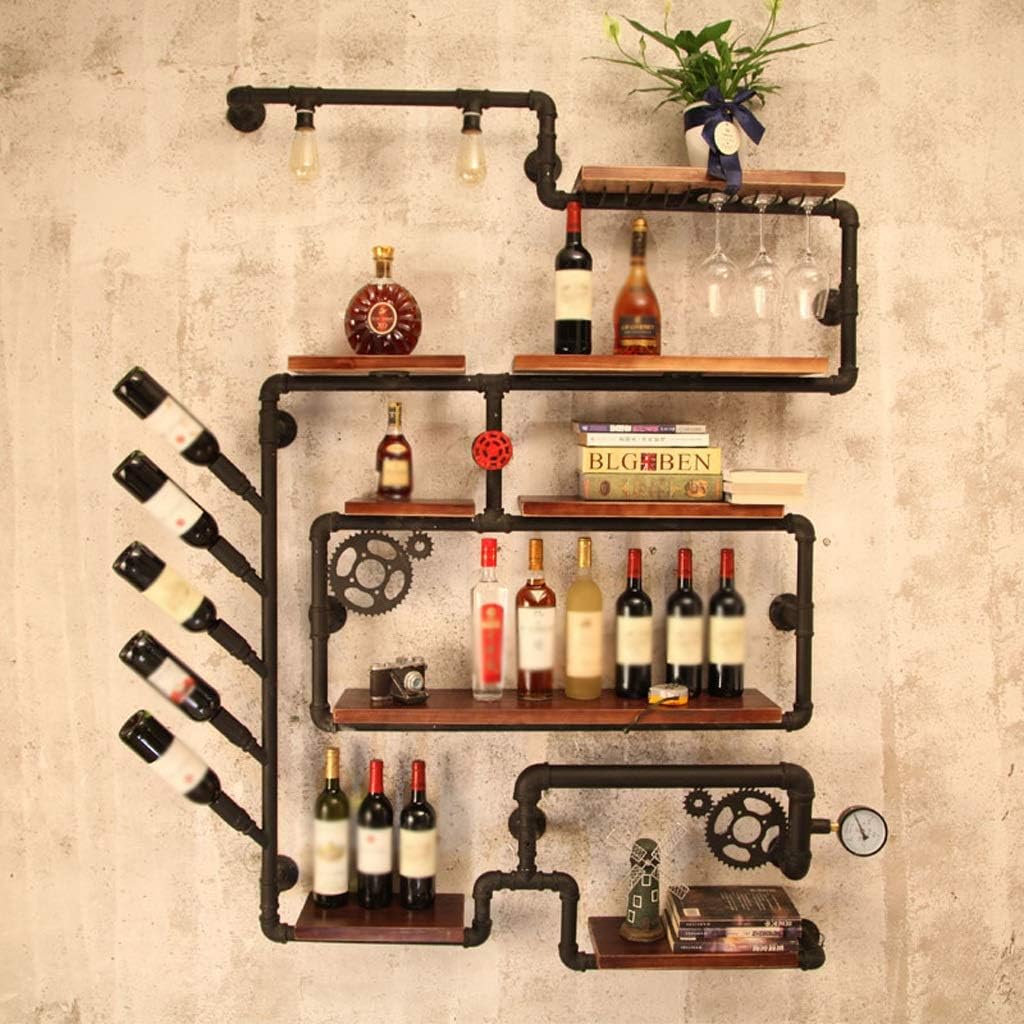 Industrial Wind Pipeline Wine Rack with Solid Wood Base
