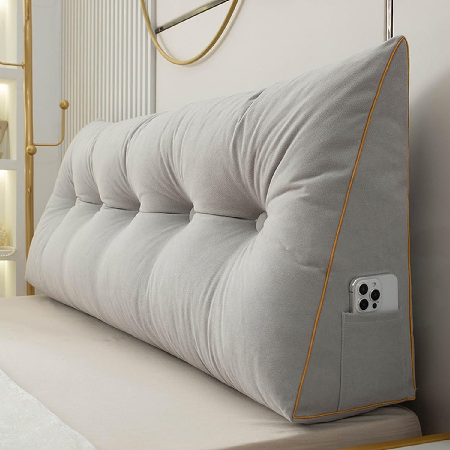Soft Triangular Headboard Pillow with Side Pockets and Removable Cover