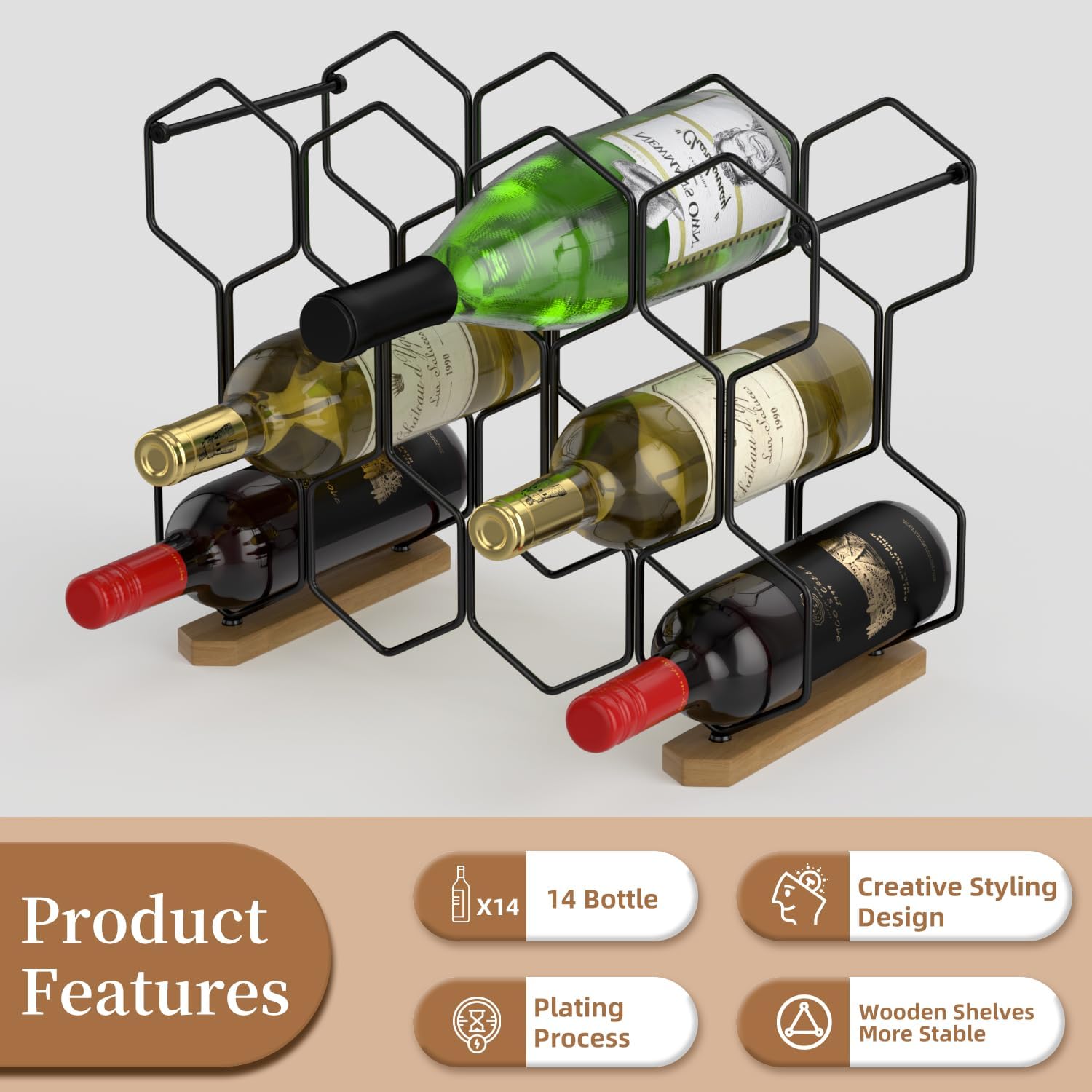 Buruis 6-Bottle Wine Rack Black 14-Bottle Wooden Base Black