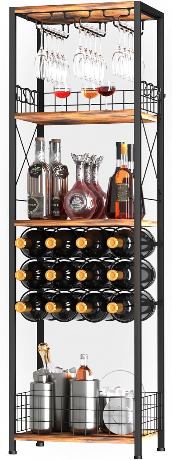 Freestanding Wine Rack with Glass Holder 40-Bottle Capacity Modern Bar Cabinet