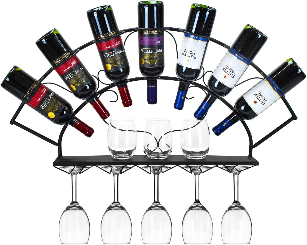 Sorbus Wall-Mounted Wine Rack with Glass Holder - Holds 7 Bottles and 5 Glasses Black