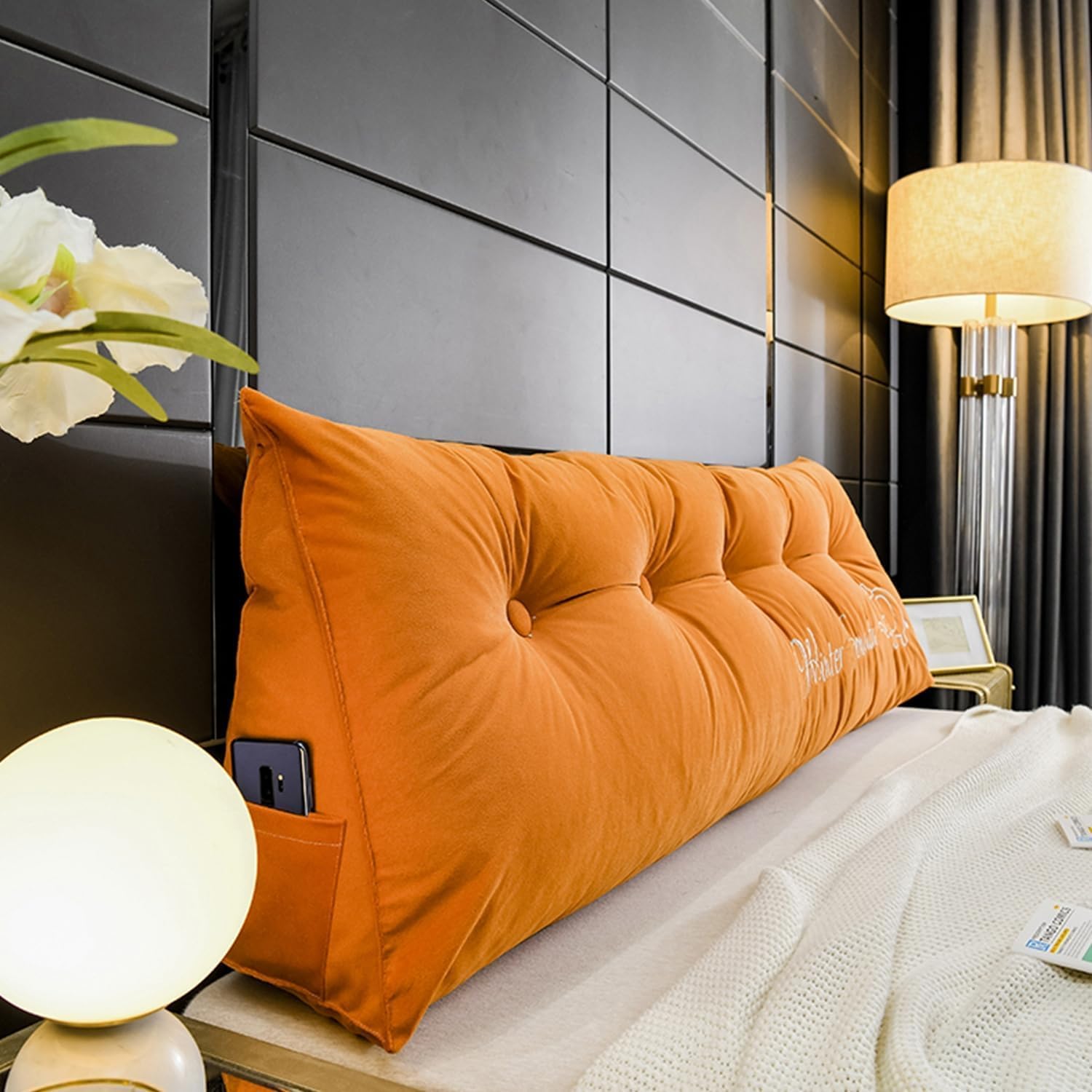 Wedge Headboard Pillow Large Triangular Cushion with Washable Cover and Removable Buttons - Orange