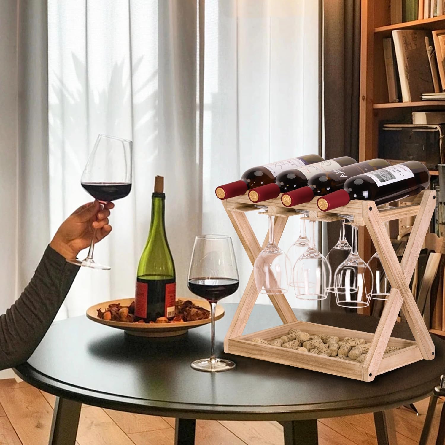 WDSHIYI Wine Rack 4 Bottles 6 Stemware Holder