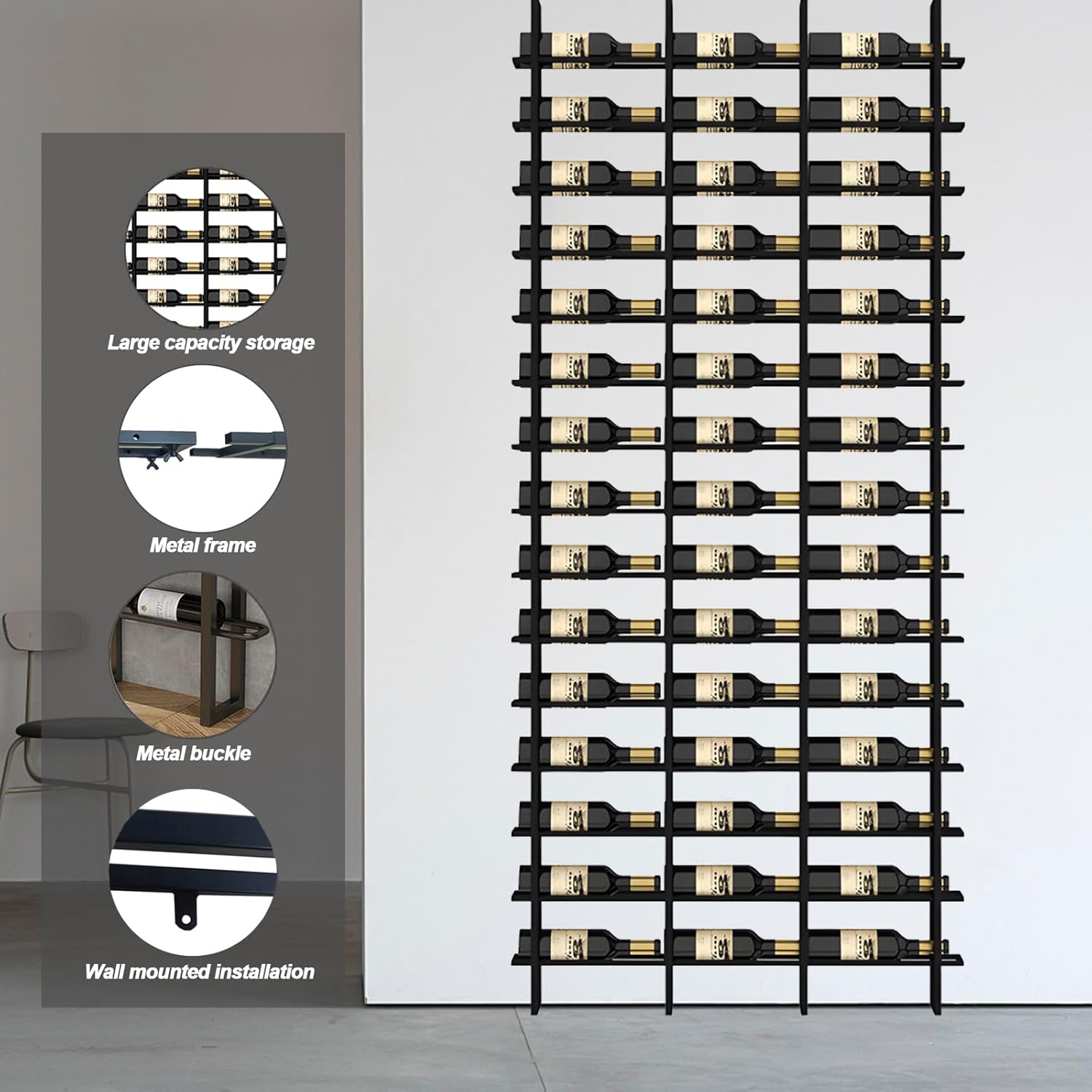 80 Bottle Wall Mounted Wine Rack - Industrial Style Black