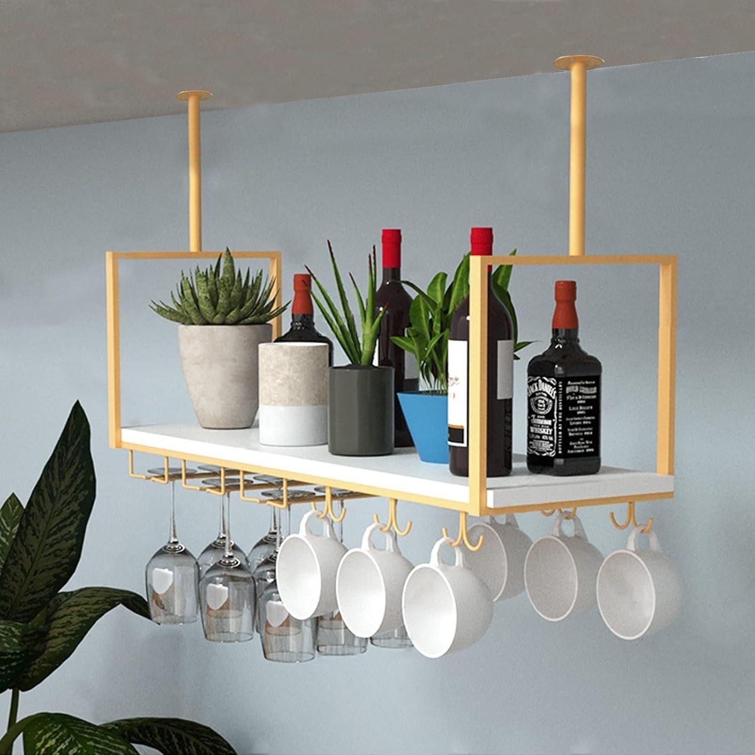 Ceiling Hanging Bar Unit Floating Wine Rack with Gold Flower Stand