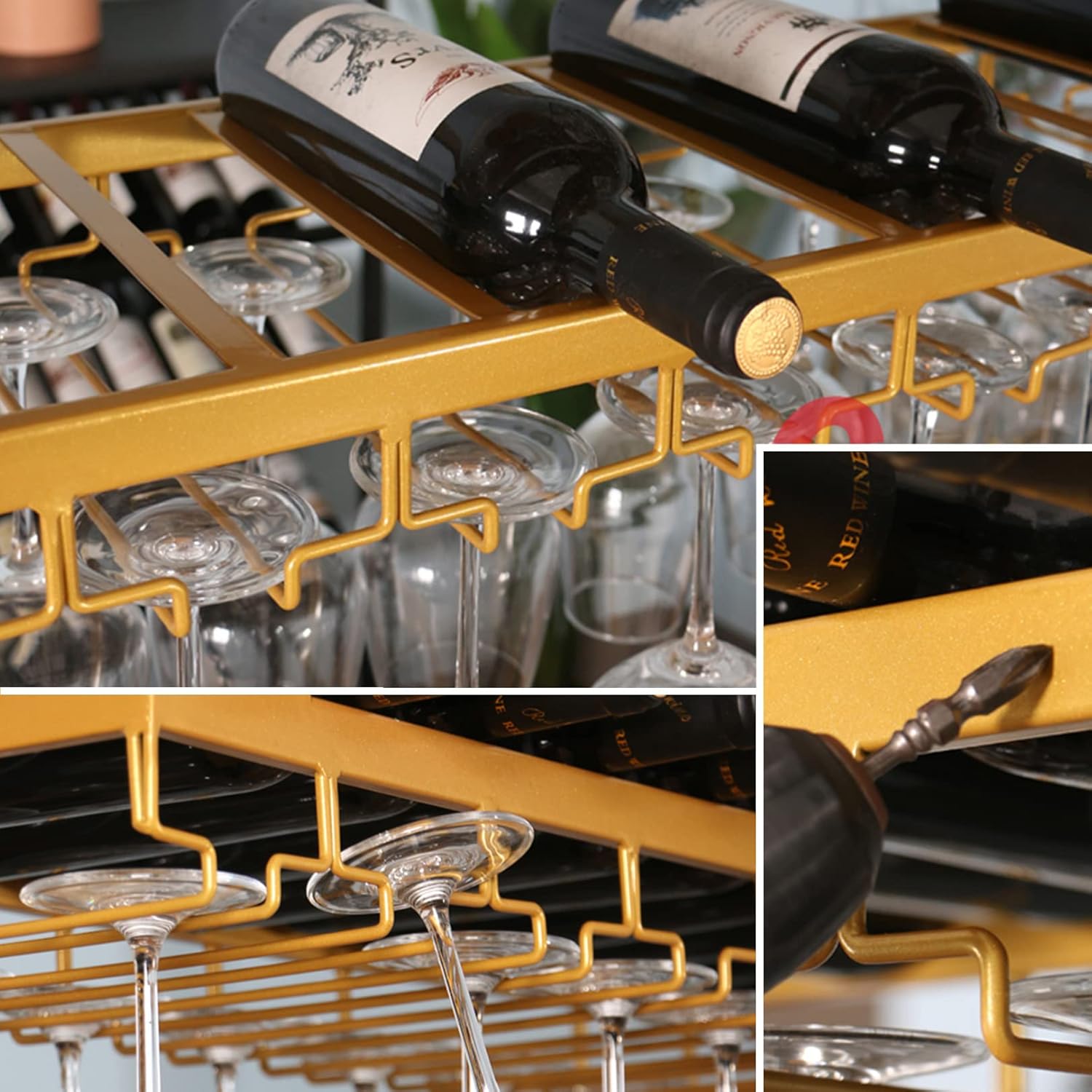 Adjustable Ceiling Wine Rack with Lights and Glass Holder