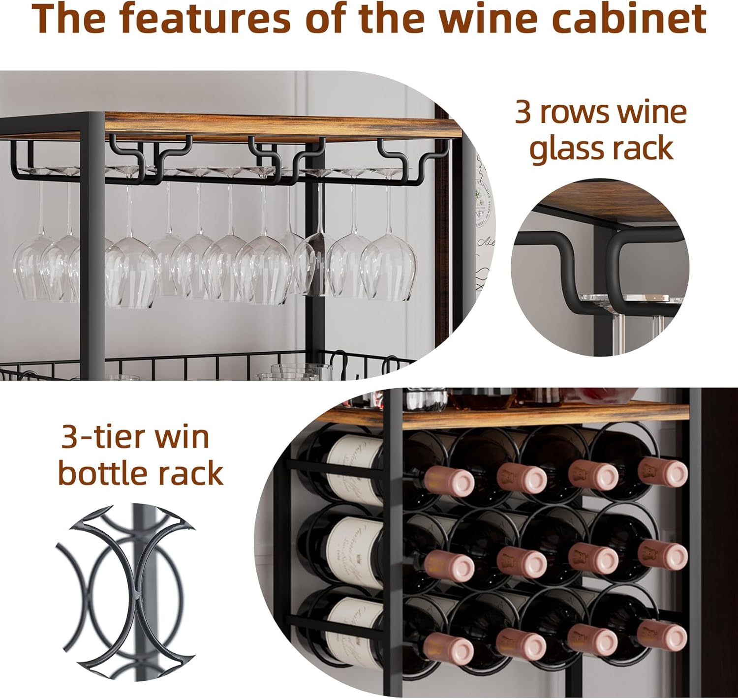 Freestanding Wine Rack with Glass Holder 40-Bottle Capacity Modern Bar Cabinet