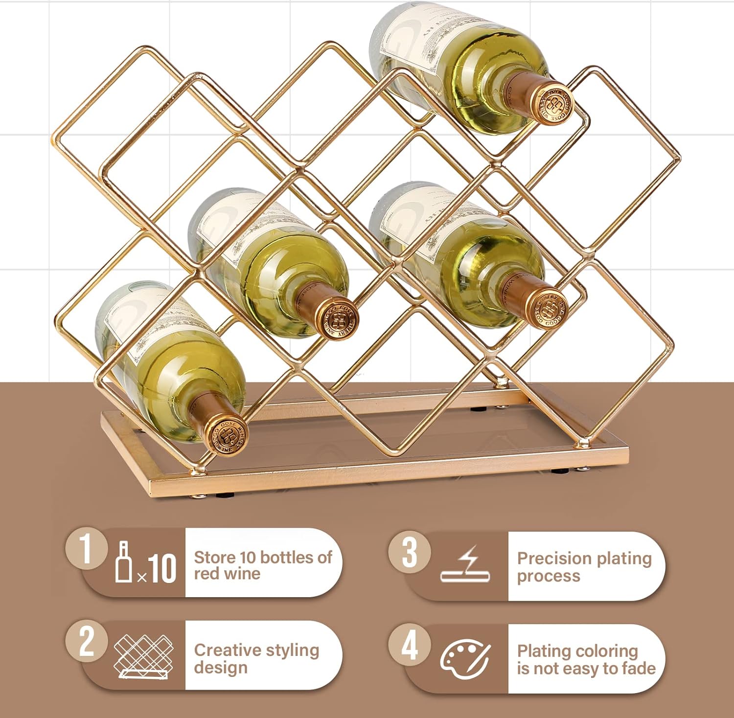 Drincarier Modern Gold Wine Rack for 10 Bottles