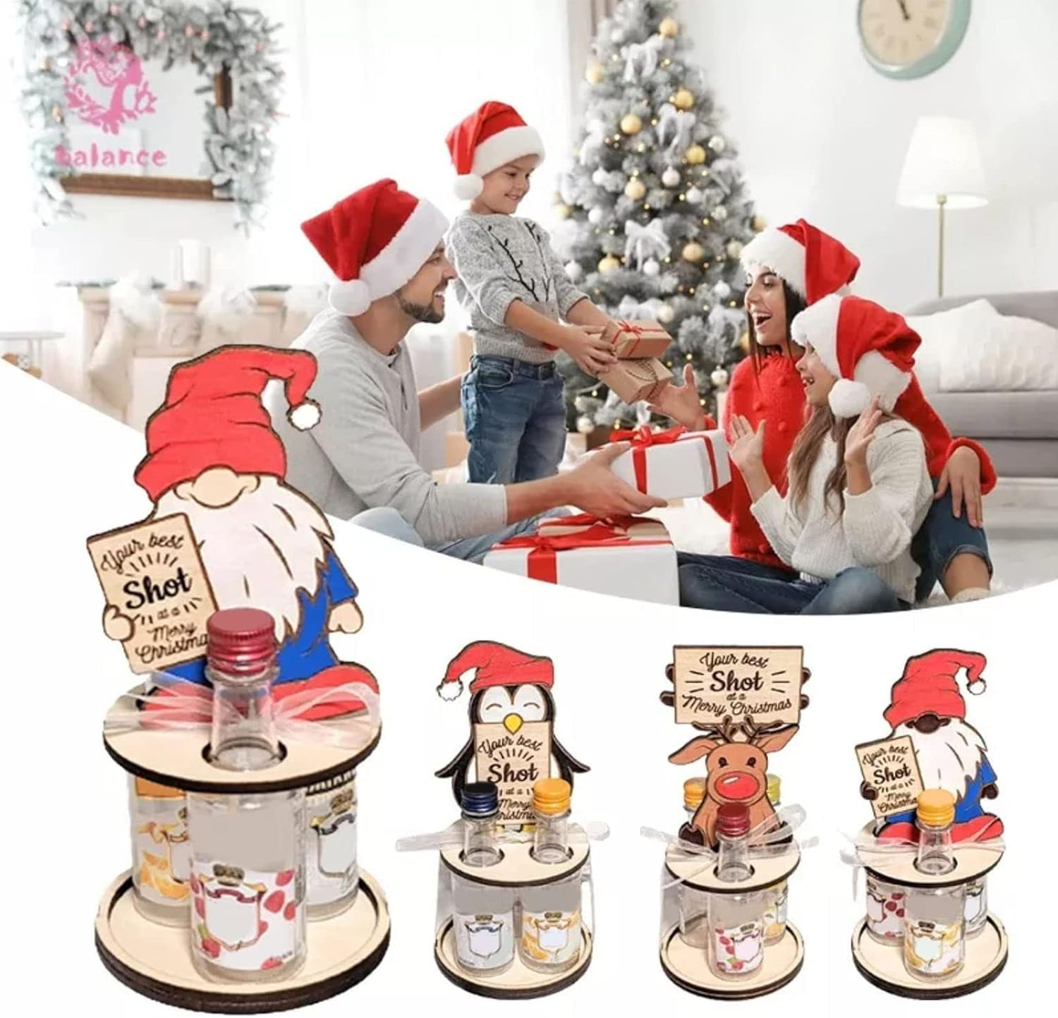 Christmas Mini Wooden Wine Rack with Penguins and Elks
