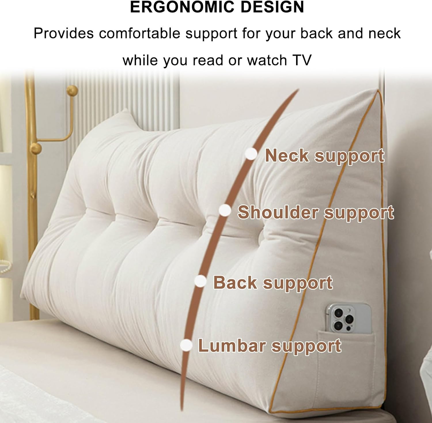 Soft Triangular Headboard Pillow with Side Pockets and Removable Cover