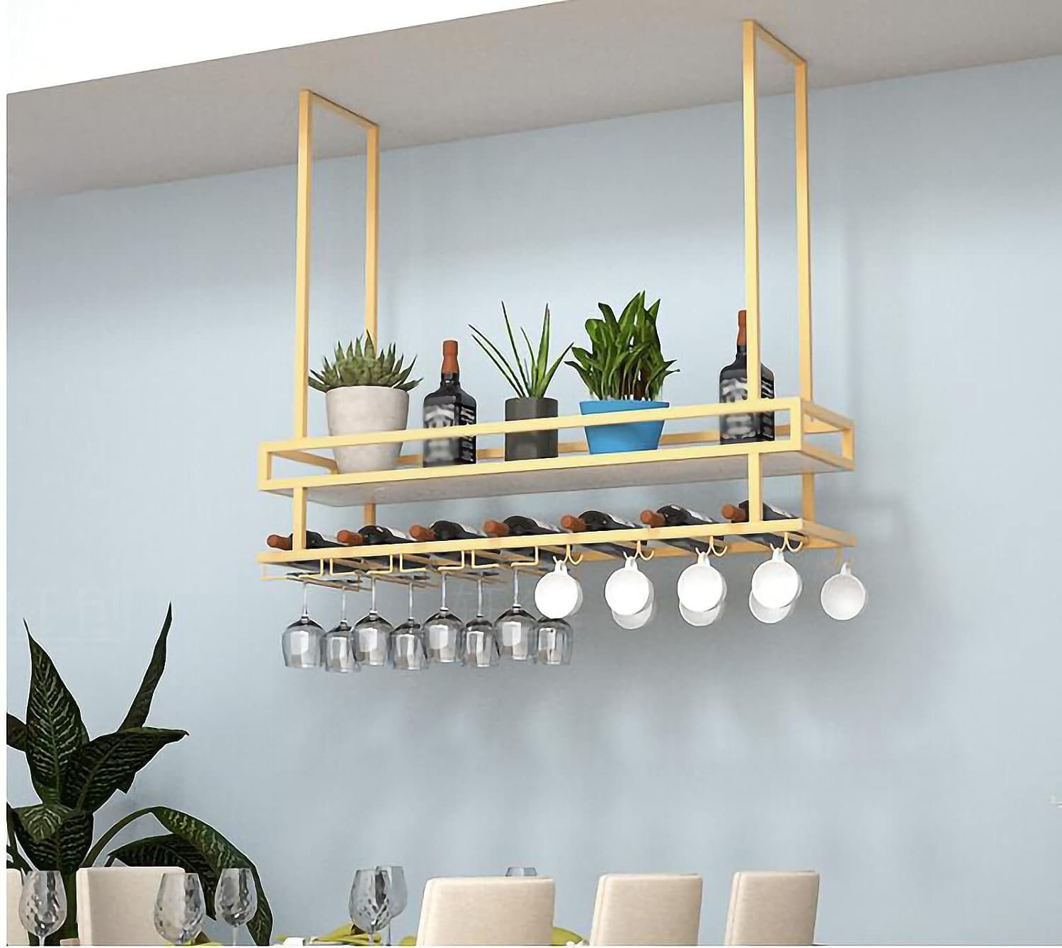 ZJDYDY 2 Tier Wall-Mounted Wine Rack with Glass Holder and Guard Rail