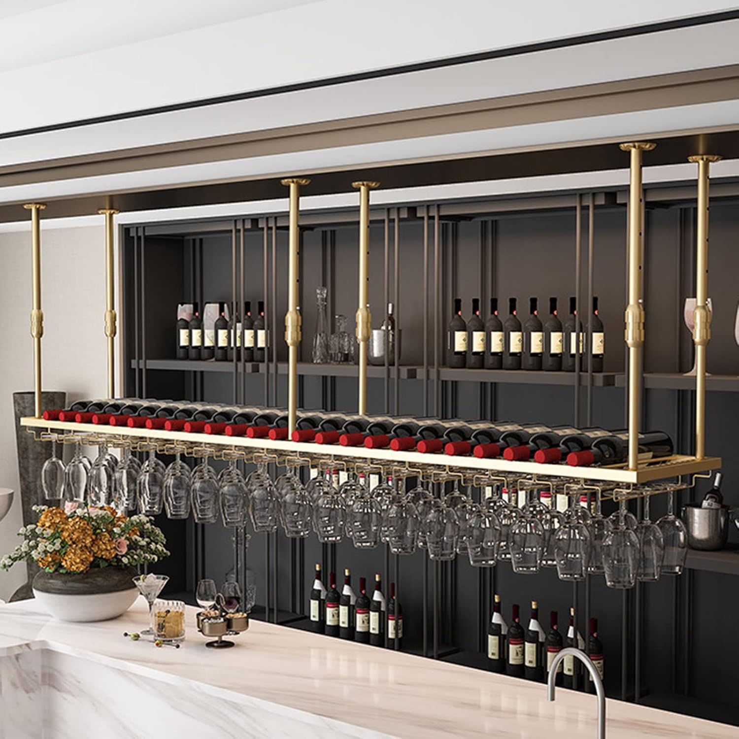 Adjustable Metal Wine Glass Holder with Bottle Rack